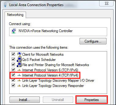 highlights IPv4 option, Properties button