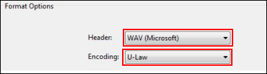 Image of Audacity Export Audio window, highlighting the Header and Encoding drop down fields