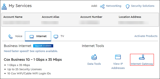 Image of the My Services section with the Internet Gateway icon highlighted