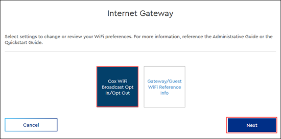 Image of the Internet Gateway page with the opt in or opt out button highlighted