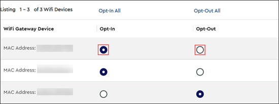 Image of the Cox WiFi Broadcast Opt In Opt Out selection page.