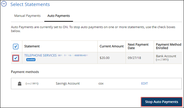 Image of the Select Statement section of MyAccount, highlighting the Stop Auto Payments button