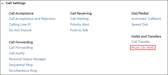 image of MyAccount calling settings music on hold link