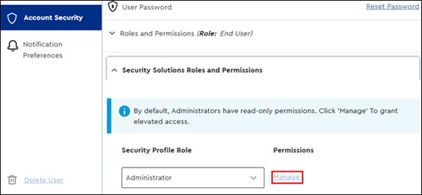 Image of MyAccount Security Solutions Roles & Permissions section highlighting Manage