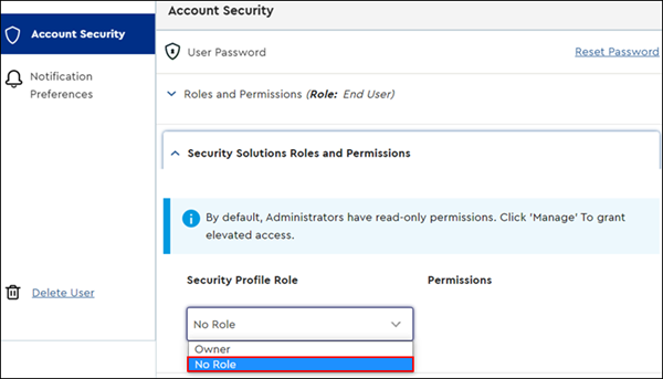 Image of MyAccount Security Solutions Roles drop-down No Role