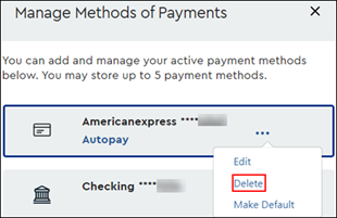 Image of the Payment Methods window highlighting the Delete option