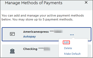 Image of the Payment Methods window highlighting the Edit option
