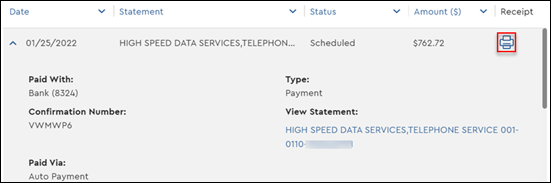 Image of MyAccount payment receipt print icon