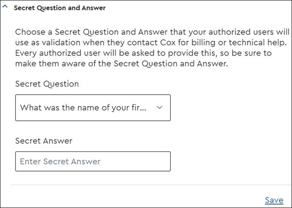 Image of Secret Question and Answer section