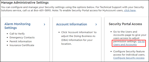 Image of MyAccount Security Solutions page highlighting Go to Users and Accounts link