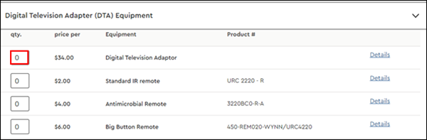 Image of Select Video Equipment qty. column