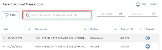 Image of MyAccount recent transactions window with search field boxed