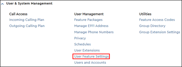  Image of User Feature Setings settings