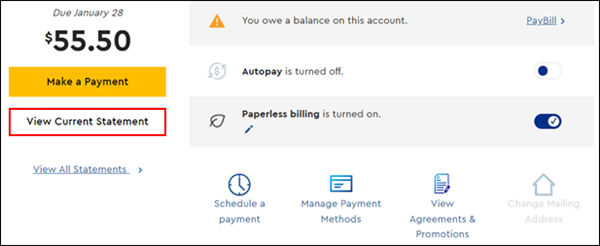 Image of MyAccount View Current Statement
