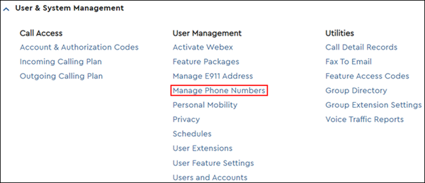 Image of Manage Phone Numbers link