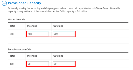 image of the call capacity fields to update