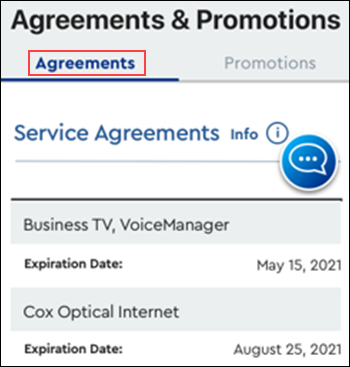 Image of MyAccount App Agreements & Promotions screen, highlighting the Agreement tab