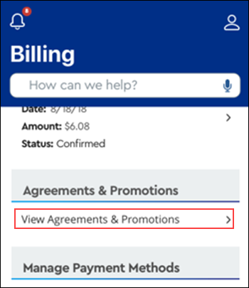Image of MyAccount App Billing screen, highlighting View Agreements & Promotions