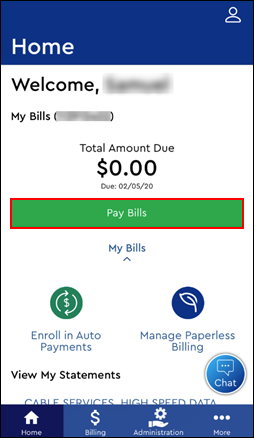 Image of Home Screen Pay Bills button