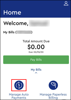 Image of Home screen with Manage Auto Payments icon