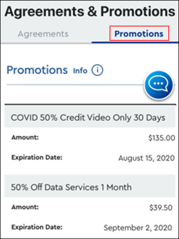 Image of MyAccount App Agreements & Promotions screen, highlighting the Promotions tab