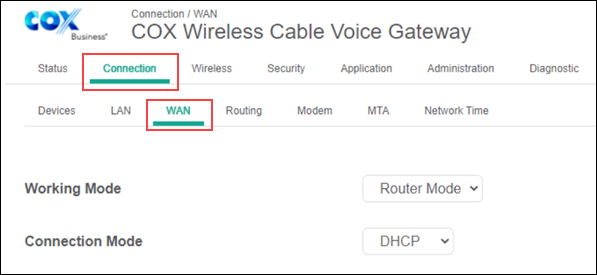 image of the admin portal connection and wan tabs