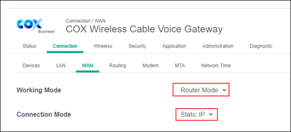 image of the working mode and connection mode drop-down menus