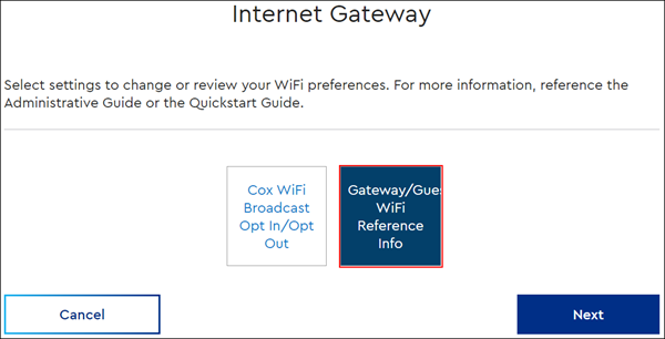 Image of Internet Gateway window in MyAccount