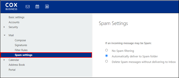image of the spam setting options list