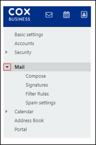 Image of CB Webmail mail drop-down menu