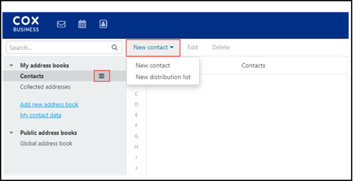 Image of CB Webmail  New Contact drop-down menu