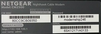 Image of Netgear CM2500 modem label