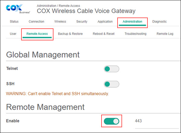 Image of the administrative portal remote access option
