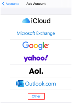 Image of Add Account screen Other option