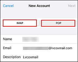Image of New Account IMAP or POP tabs