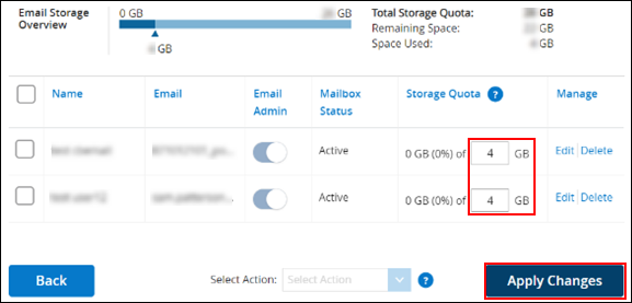 image of updating the storage allocation per user