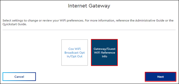 Image of the Internet Gateway window in MyAccount