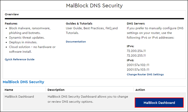 Image of MalBlock DNS page MalBlock Dashboard Button