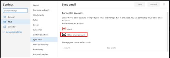 image of the outlook sync email tab, clicking on the other email accounts button