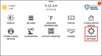 image of the settings menu with the advanced settings icon outlined in a red box