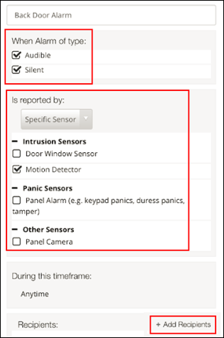 image of the alarm setting options