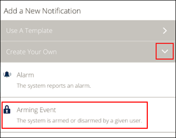image of the mobile app arming event tab