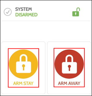 Image of the arm stay and arm away icons on the touchscreen 
