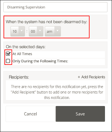 image of the disarming notification options in the mobile app