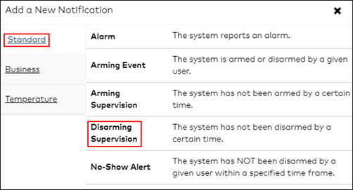 image of the subscriber portal disarm notification tab