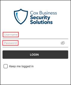 image of the cox business security mobile app log in screen