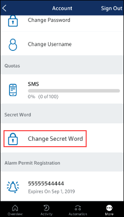 Image of the change secret word screen