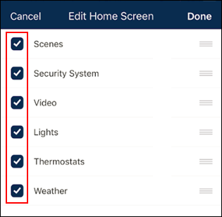 Image of the mobile app edit home screen select and arrange cards options