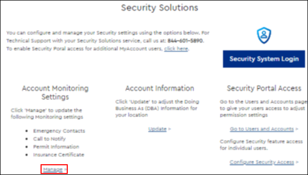 Image of MyAccount Security Solutions page highlighting Manage link