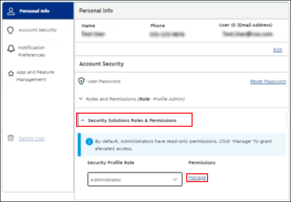 Image of MyAccount Security Solutions Roles & Permissions section highlighting Manage